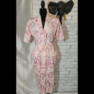 Vintage Pink/White Floral Button Front Midi Dress